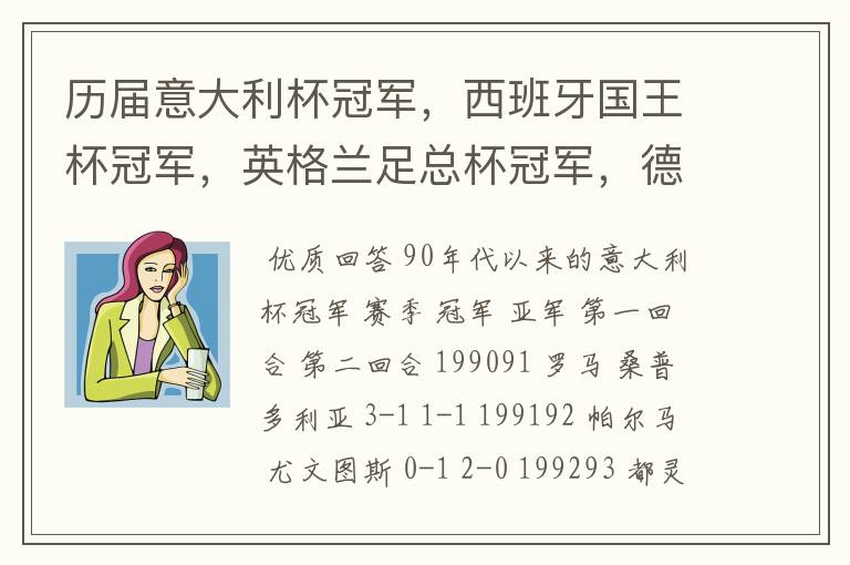 历届意大利杯冠军,西班牙国王杯冠军,英格兰足总杯冠军,德国杯冠军