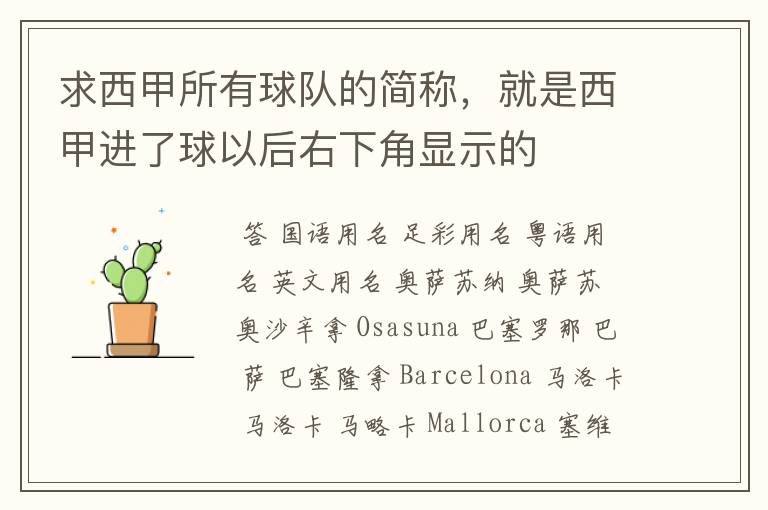 求西甲所有球队的简称,就是西甲进了球以后右下角显示的