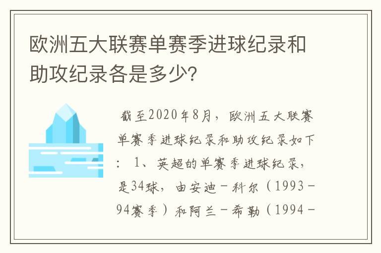 欧洲五大联赛单赛季进球纪录和助攻纪录各是多少?