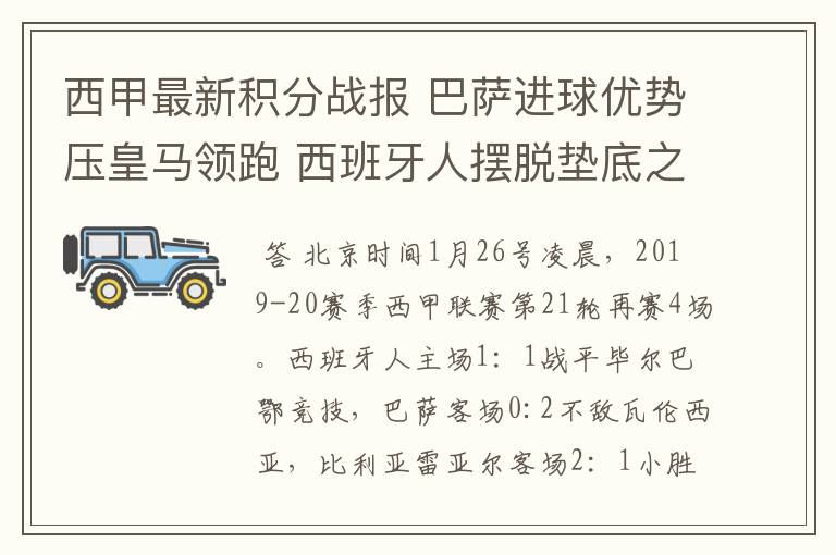西甲最新积分战报 巴萨进球优势压皇马领跑 西班牙人摆脱垫底之位