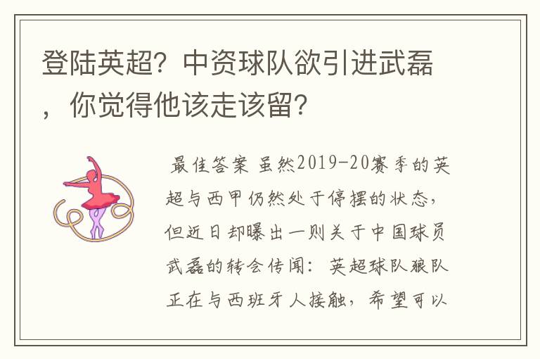 登陆英超?中资球队欲引进武磊,你觉得他该走该留?