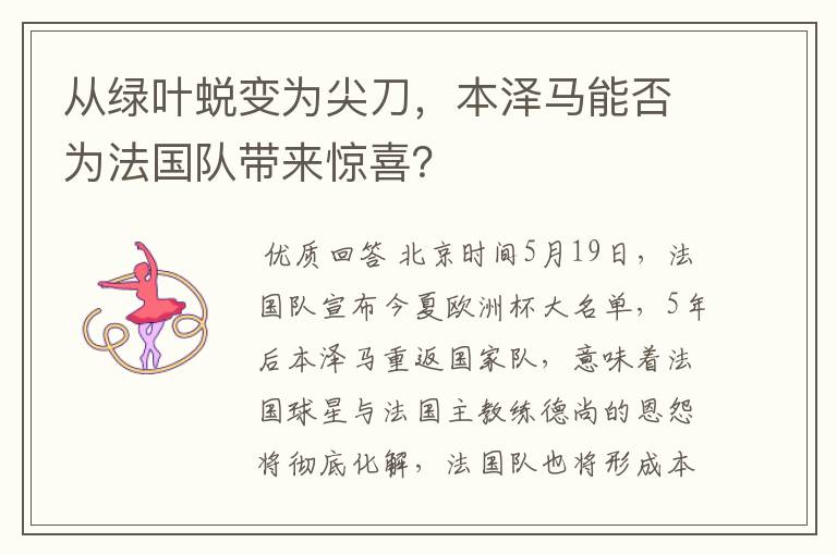 从绿叶蜕变为尖刀,本泽马能否为法国队带来惊喜?