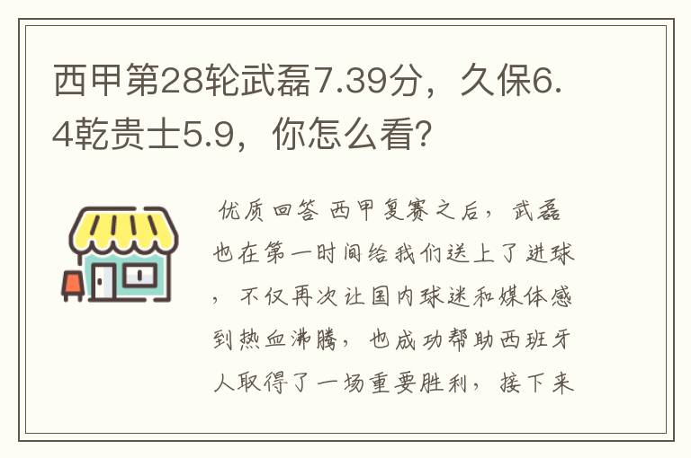 西甲第28轮武磊7.39分,久保6.4乾贵士5.9,你怎么看?