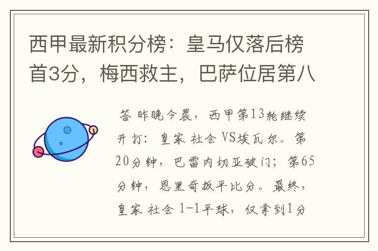 西甲最新积分榜:皇马仅落后榜首3分,梅西救主,巴萨位居第八