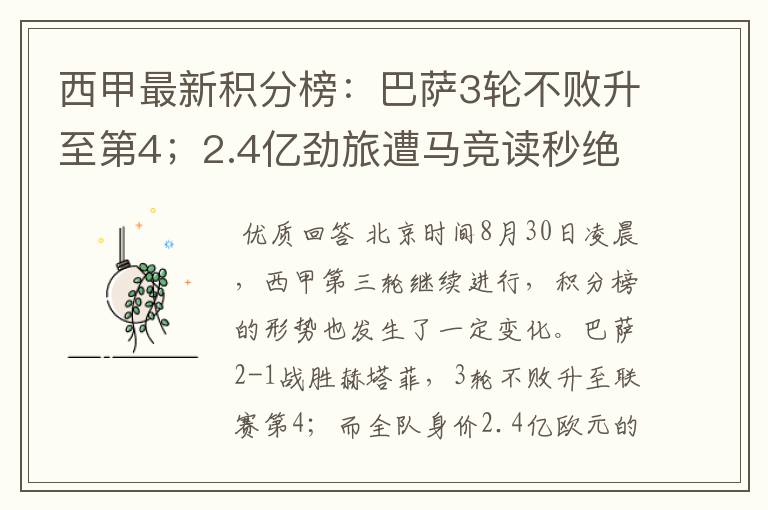 西甲最新积分榜:巴萨3轮不败升至第4;2.4亿劲旅遭马竞读秒绝平