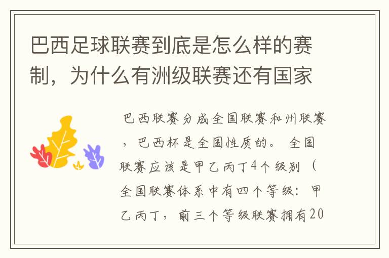 巴西足球联赛到底是怎么样的赛制,为什么有洲级联赛还有国家联赛,虽然还参加南美联赛,赛事这么忙怎么比