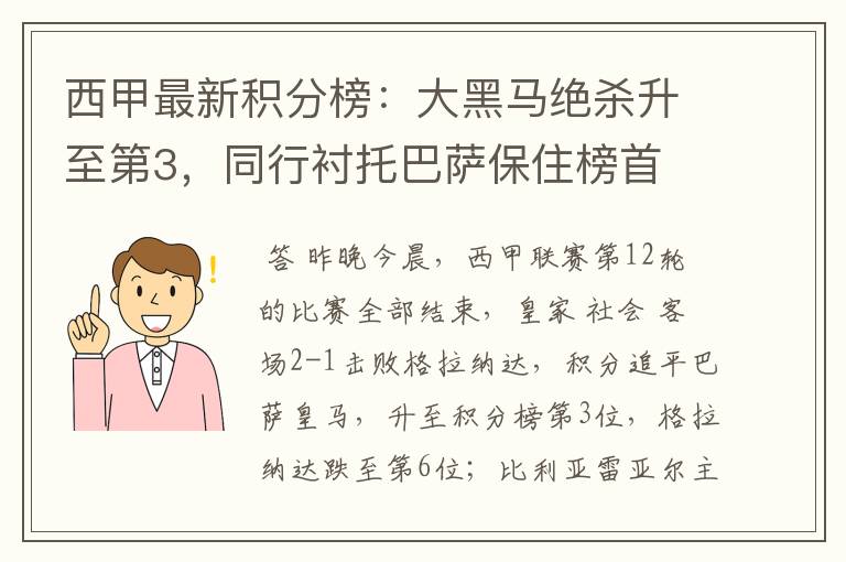 西甲最新积分榜:大黑马绝杀升至第3,同行衬托巴萨保住榜首