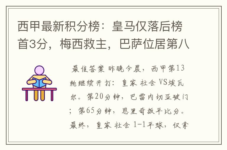 西甲最新积分榜:皇马仅落后榜首3分,梅西救主,巴萨位居第八