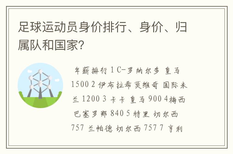 足球运动员身价排行、身价、归属队和国家?