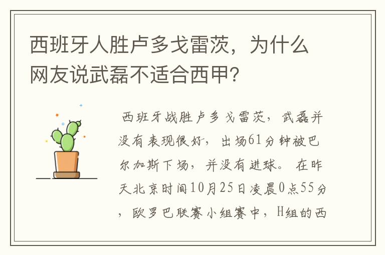西班牙人胜卢多戈雷茨,为什么网友说武磊不适合西甲?