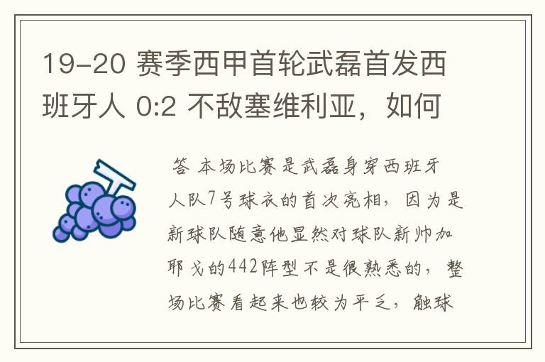 19-20 赛季西甲首轮武磊首发西班牙人 0:2 不敌塞维利亚,如何评价武磊本场的表现?