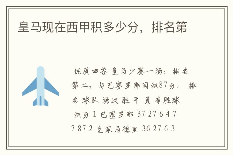 皇马现在西甲积多少分,排名第