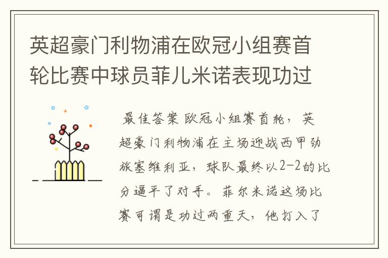 英超豪门利物浦在欧冠小组赛首轮比赛中球员菲儿米诺表现功过两重天吗?