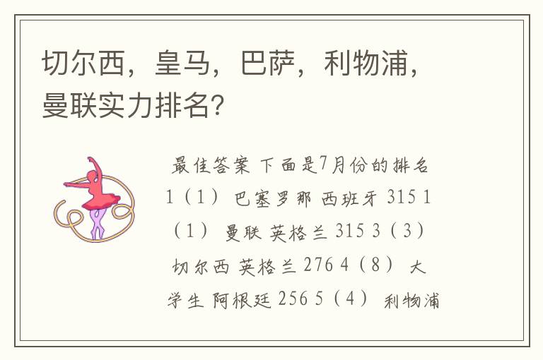 切尔西,皇马,巴萨,利物浦,曼联实力排名?