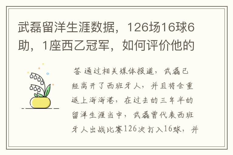 武磊留洋生涯数据,126场16球6助,1座西乙冠军,如何评价他的表现?