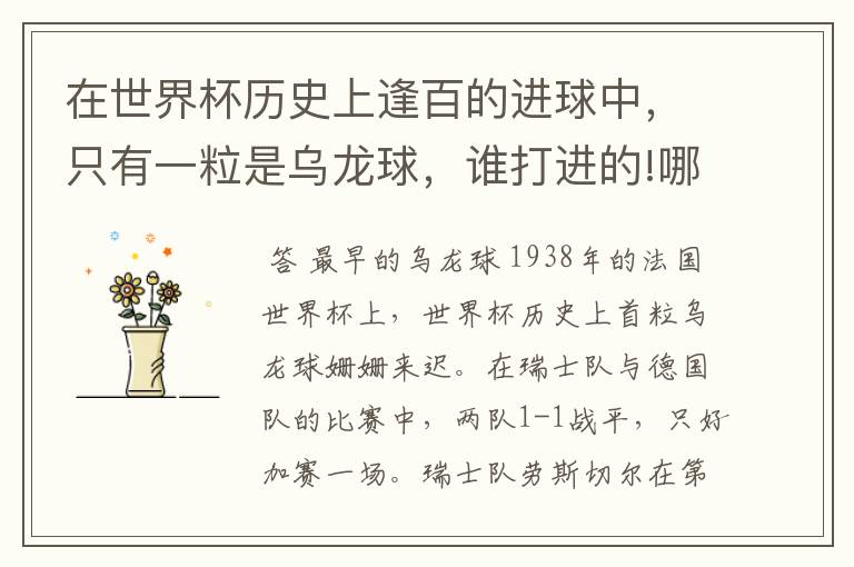 在世界杯历史上逢百的进球中,只有一粒是乌龙球,谁打进的!哪国人?