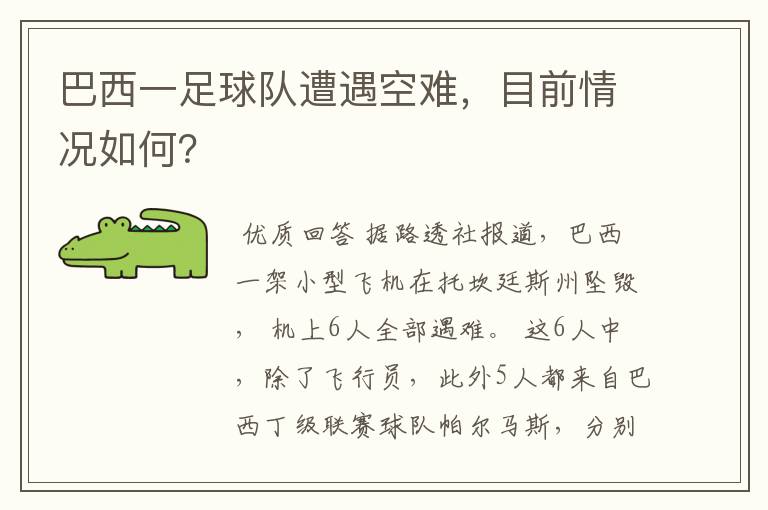 巴西一足球队遭遇空难,目前情况如何?