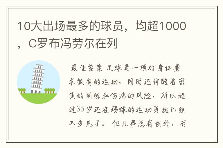 10大出场最多的球员,均超1000,C罗布冯劳尔在列