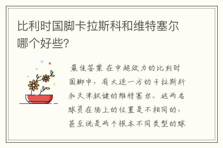 比利时国脚卡拉斯科和维特塞尔哪个好些?