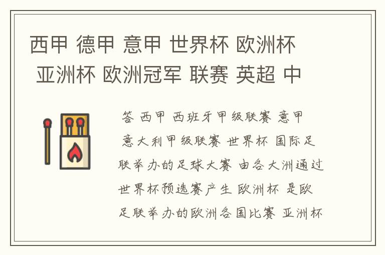 西甲 德甲 意甲 世界杯 欧洲杯 亚洲杯 欧洲冠军 联赛 英超 中超 分别是什么意思啊?