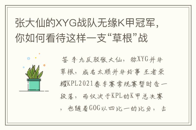 张大仙的XYG战队无缘K甲冠军,你如何看待这样一支“草根”战队?