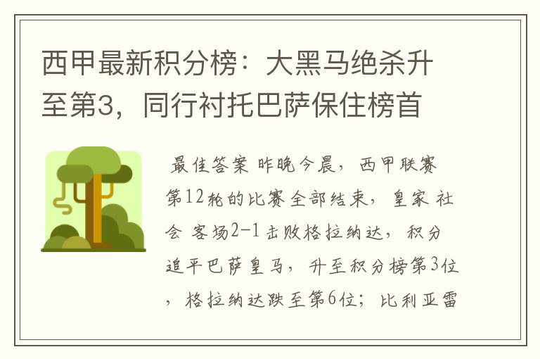 西甲最新积分榜:大黑马绝杀升至第3,同行衬托巴萨保住榜首