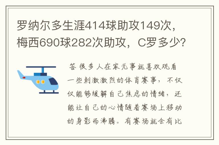 罗纳尔多生涯414球助攻149次,梅西690球282次助攻,C罗多少?