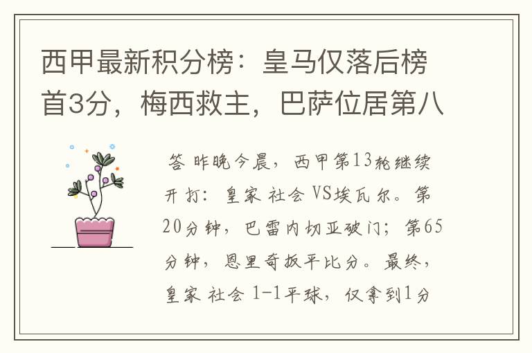 西甲最新积分榜:皇马仅落后榜首3分,梅西救主,巴萨位居第八