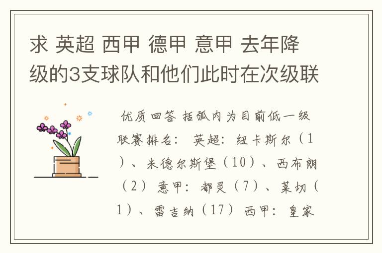 求 英超 西甲 德甲 意甲 去年降级的3支球队和他们此时在次级联赛的排名