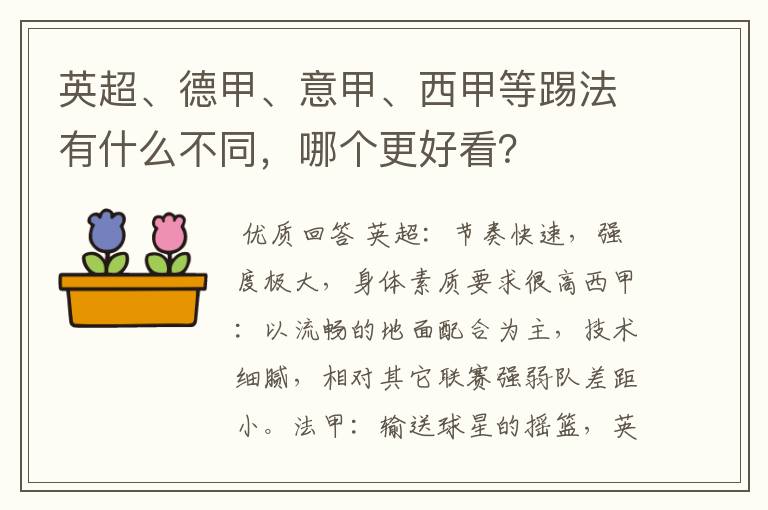 英超、德甲、意甲、西甲等踢法有什么不同,哪个更好看?