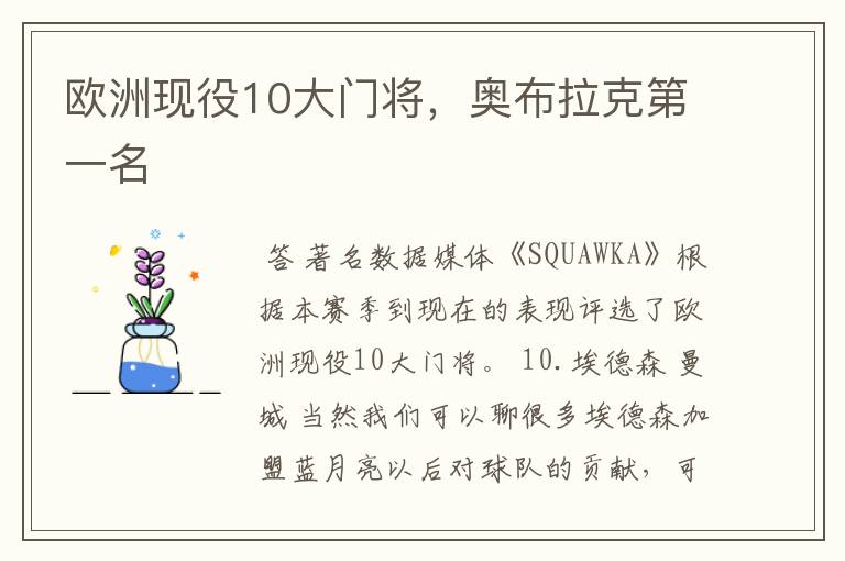 欧洲现役10大门将,奥布拉克第一名