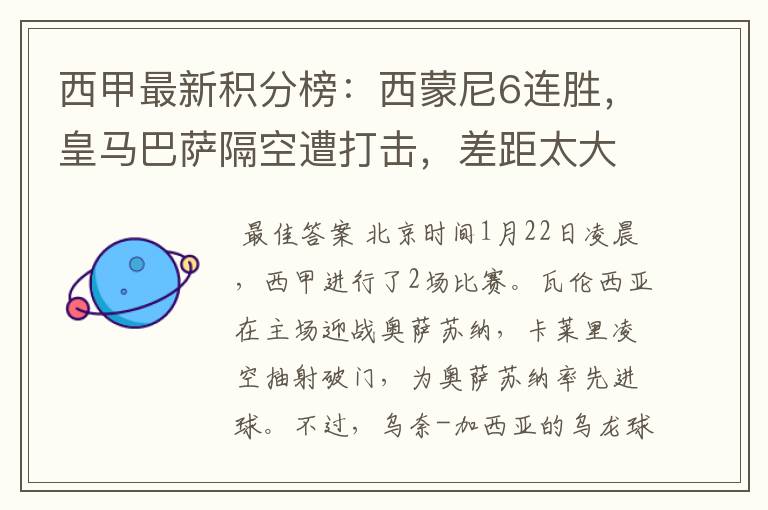 西甲最新积分榜:西蒙尼6连胜,皇马巴萨隔空遭打击,差距太大