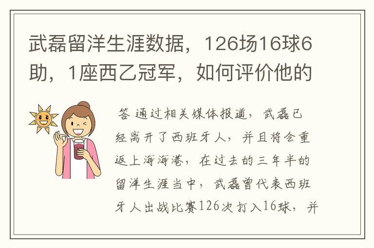 武磊留洋生涯数据,126场16球6助,1座西乙冠军,如何评价他的表现?