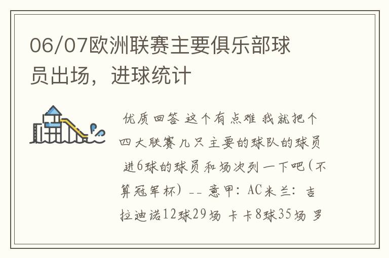 06/07欧洲联赛主要俱乐部球员出场,进球统计