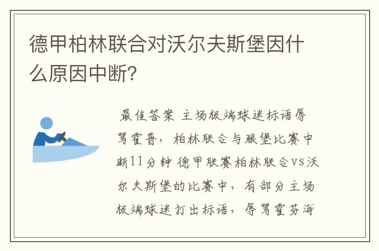 德甲柏林联合对沃尔夫斯堡因什么原因中断?