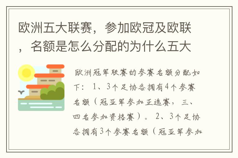 欧洲五大联赛,参加欧冠及欧联,名额是怎么分配的为什么五大联赛只有法甲