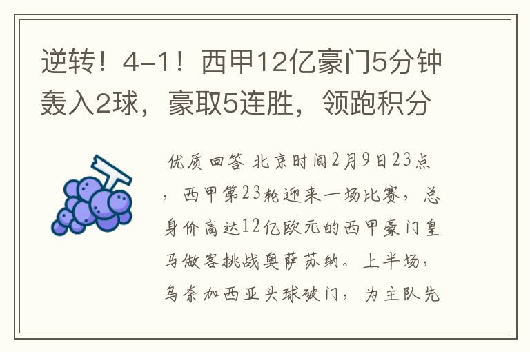 逆转!4-1!西甲12亿豪门5分钟轰入2球,豪取5连胜,领跑积分榜