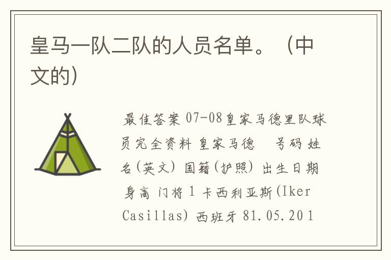 皇马一队二队的人员名单。(中文的)