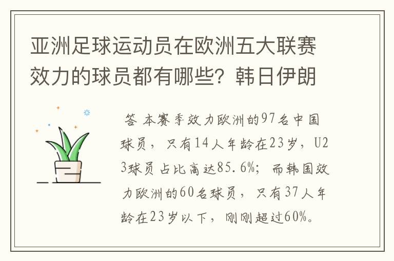 亚洲足球运动员在欧洲五大联赛效力的球员都有哪些?韩日伊朗 都是比较多吧!
