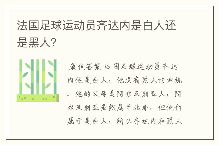 法国足球运动员齐达内是白人还是黑人?
