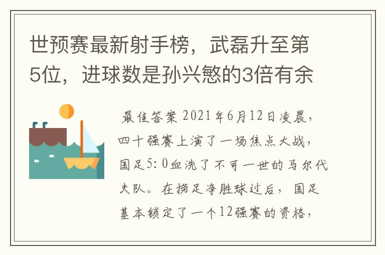 世预赛最新射手榜,武磊升至第5位,进球数是孙兴慜的3倍有余