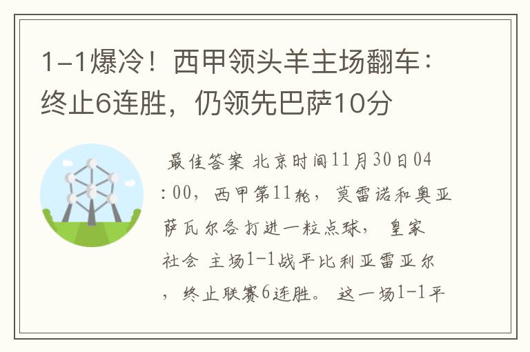 1-1爆冷!西甲领头羊主场翻车:终止6连胜,仍领先巴萨10分