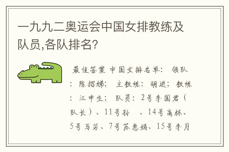 一九九二奥运会中国女排教练及队员,各队排名?