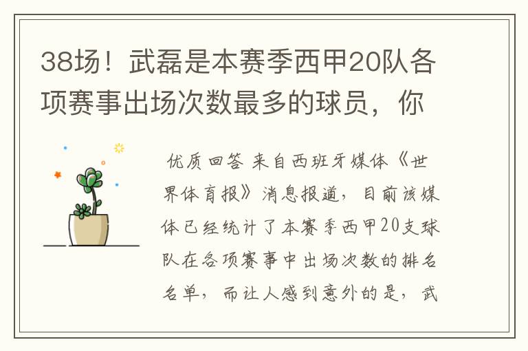 38场!武磊是本赛季西甲20队各项赛事出场次数最多的球员,你怎么看?