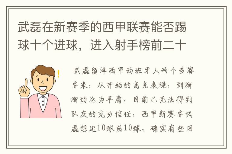 武磊在新赛季的西甲联赛能否踢球十个进球,进入射手榜前二十?