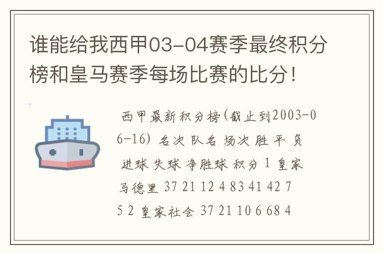 谁能给我西甲03-04赛季最终积分榜和皇马赛季每场比赛的比分!