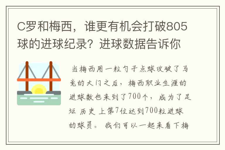 C罗和梅西,谁更有机会打破805球的进球纪录?进球数据告诉你答案