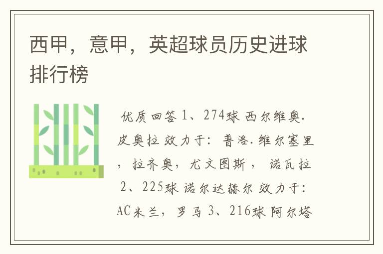 西甲,意甲,英超球员历史进球排行榜