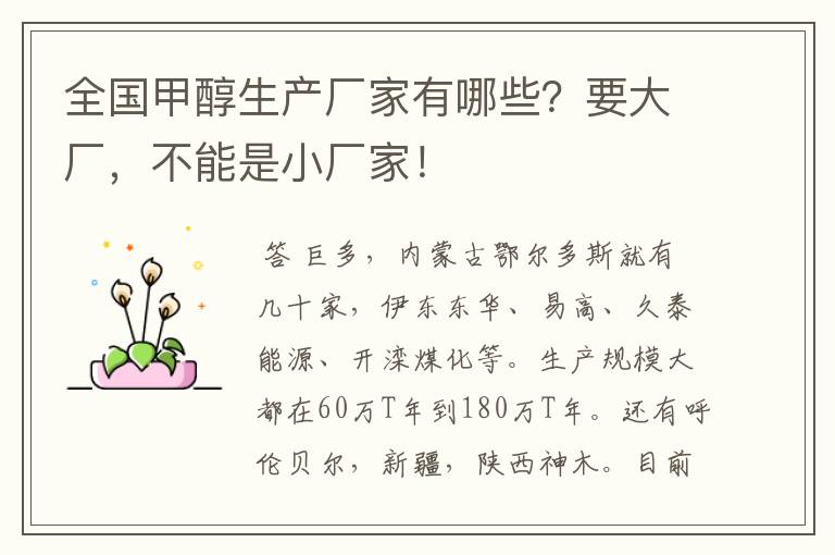 全国甲醇生产厂家有哪些?要大厂,不能是小厂家!