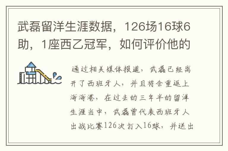 武磊留洋生涯数据,126场16球6助,1座西乙冠军,如何评价他的表现?